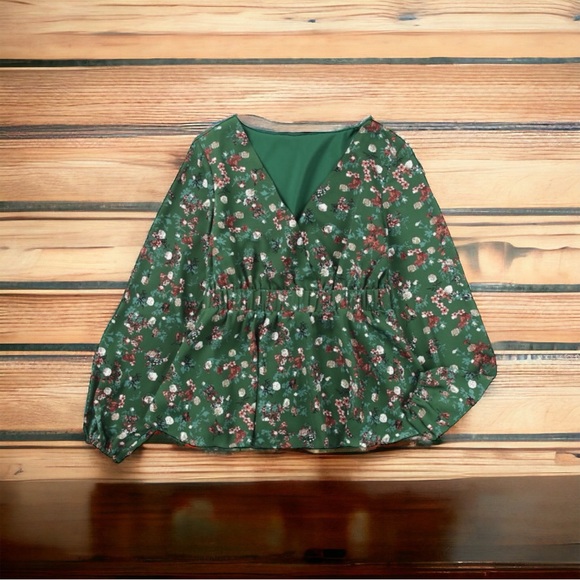 Green Boho Floral V-Neck Top featuring Long Sleeves and Shirred Ruffled Hem - Picture 3 of 5
